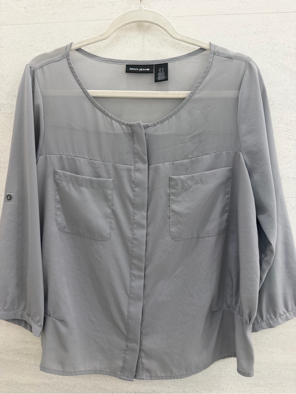 Dkny Gray Round Neck Pocket Blouse